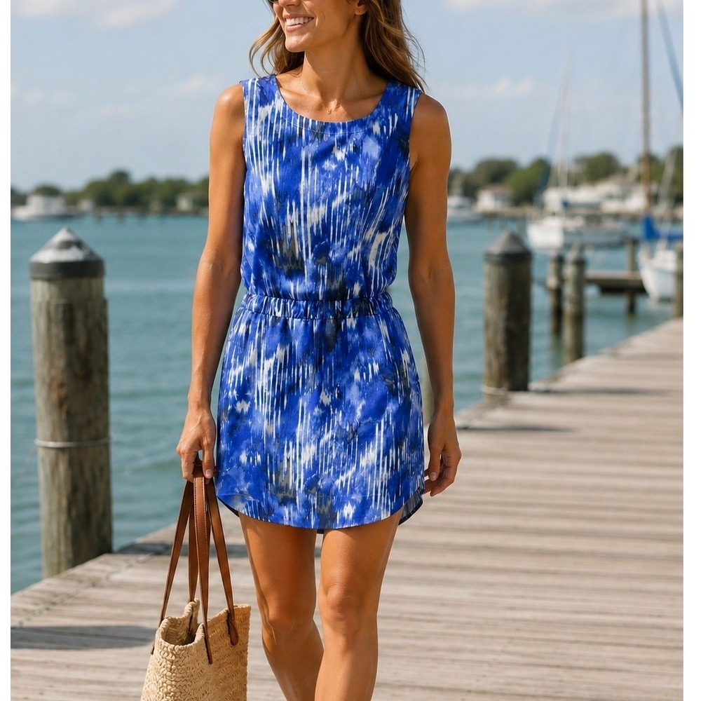 Athleta Womens Blue White Wailea Astra Sleeveless Elastic Waist Dress Sz Small